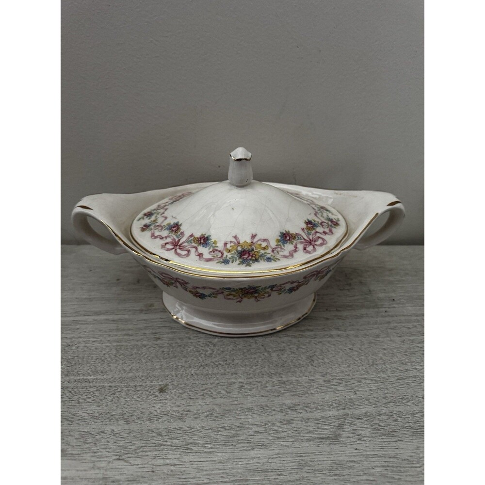 Vintage Edwin M Knowles Covered Vegetable Bowl Pink Roses Gold Trim